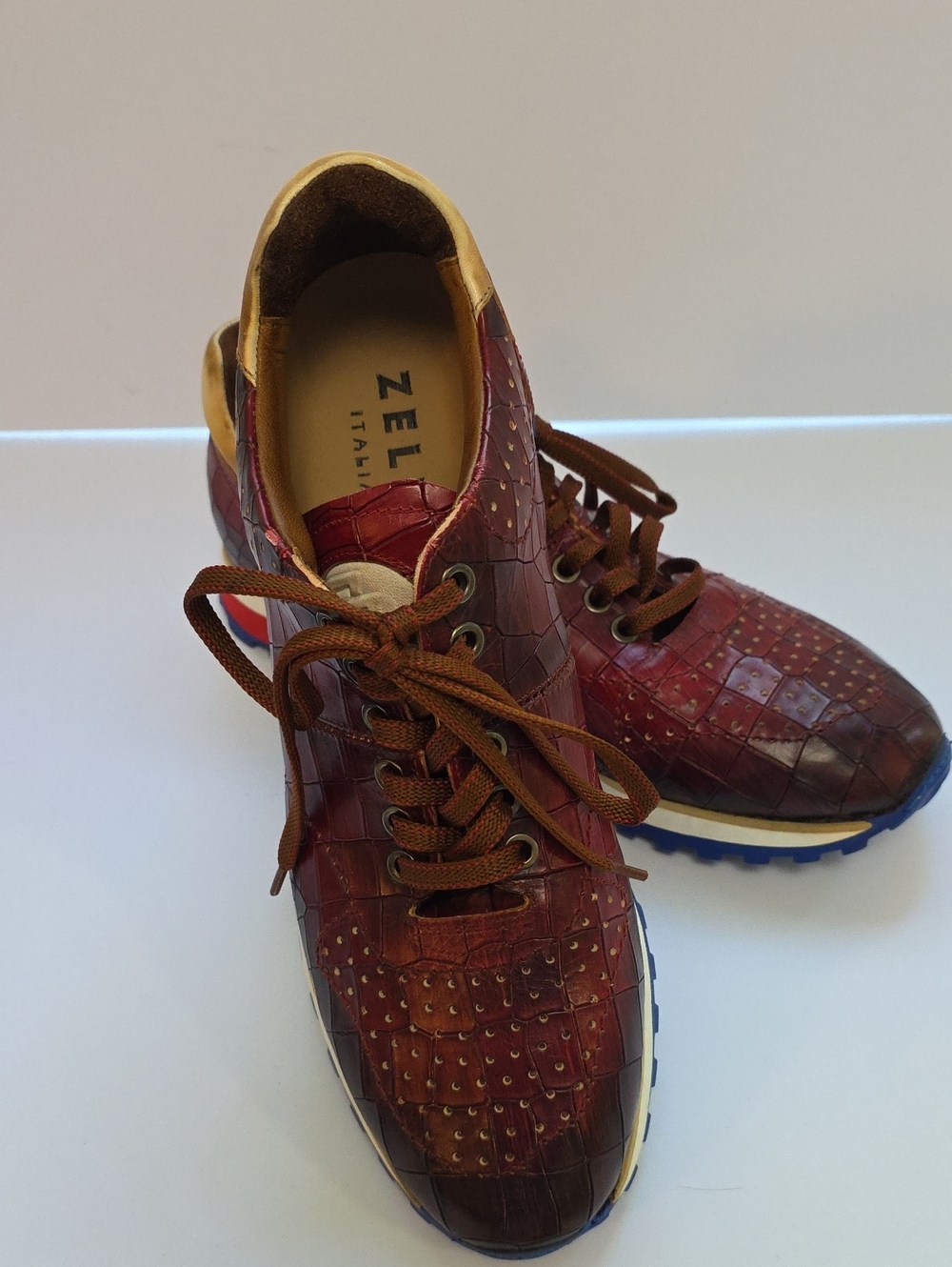 Zelli Burgundy Croc-Pattern Leather Sneakers